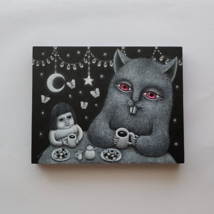 アクリル画 のおすすめ作品・人気作家 モノクロ 動物 夜 星 ファンタジー 月 生き物 絵画 夜のカフェ インテリア絵画 アート