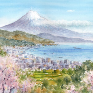 水彩画 のおすすめ作品・人気作家 富士山桜春日本平駿河湾清水港 水彩画原画　富士山と桜・日本平から　＃727 インテリア絵画 アート
