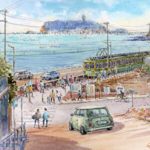 水彩画 のおすすめ作品・人気作家 湘南江の島江ノ電海七里ヶ浜春サーファー 水彩画原画　湘南日和・江の島と江ノ電　＃728 インテリア絵画 アート