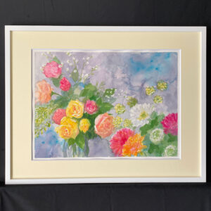 水彩画 のおすすめ作品・人気作家 ピンク 水彩画 花 黄色 イエロー バラ ブーケ 窓辺 花瓶 光のブーケ インテリア絵画 アート