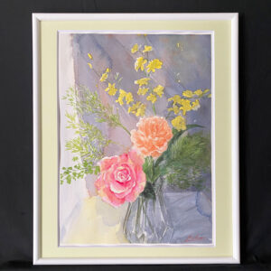 水彩画 のおすすめ作品・人気作家 ピンク 水彩画 花 オレンジ バラ 窓辺 花瓶 10月のバラ インテリア絵画 アート