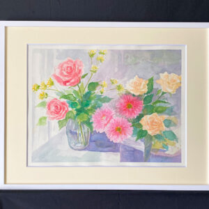 水彩画 のおすすめ作品・人気作家 ピンク 水彩画 花 黄色 イエロー バラ ブーケ 朝 窓辺 花瓶 花咲く朝 インテリア絵画 アート