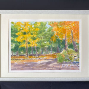 水彩画 のおすすめ作品・人気作家 水彩画 黄色 イエロー 公園 紅葉 自転車 風景画 自転車で寄り道 インテリア絵画 アート
