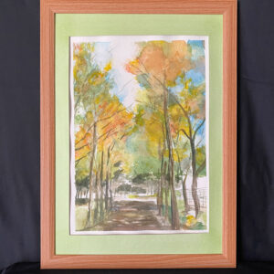 水彩画 のおすすめ作品・人気作家 水彩画 黄色 イエロー 公園 紅葉 風景画 初秋の空 インテリア絵画 アート