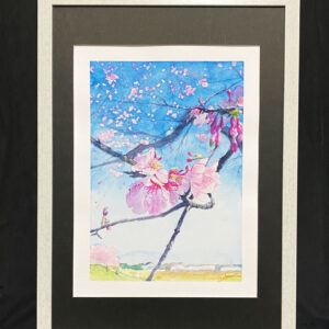 水彩画 のおすすめ作品・人気作家 ピンク 水彩画 花 春 桜 風景画 寒桜の丘　つぼみの花ひらく インテリア絵画 アート