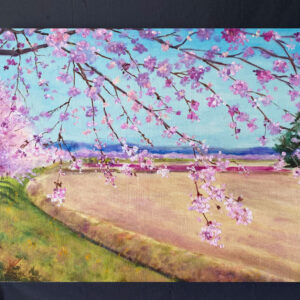 油絵 のおすすめ作品・人気作家 ピンク 油絵 花 ブルー 春 桜 風景 寒桜の丘　青空の下で インテリア絵画 アート