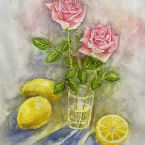 水彩画 のおすすめ作品・人気作家 薔薇 レモン 静かな午後の彩り インテリア絵画 アート