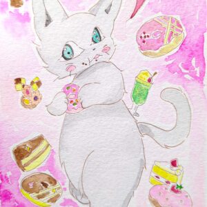 イラスト のおすすめ作品・人気作家 イラスト 水彩画 猫 アナログイラスト 手描きイラスト 透明水彩 おやつ大好きミルク インテリア絵画 アート