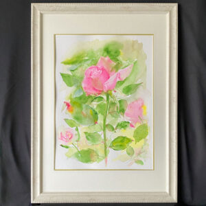 水彩画 のおすすめ作品・人気作家 ピンク 水彩画 花 グリーン バラ ピンクのバラ　凛として インテリア絵画 アート