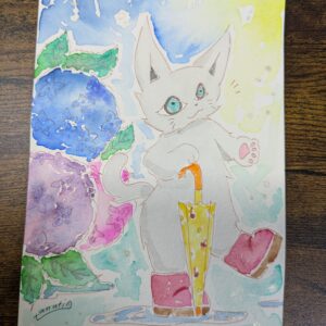 イラスト のおすすめ作品・人気作家 イラスト 水彩画 猫 アナログイラスト 手描きイラスト 透明水彩 アジサイとミルク インテリア絵画 アート