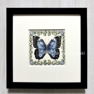 ペン画 ドローイングのおすすめ作品・人気作家 1点物 ネモフィラ ブルーモルフォ ペン画 モルフォチョウ 原画 小作品 蝶 青い蝶 (スタンドタイプのフレーム付き) インテリア絵画 アート