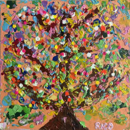 Uncategorized 抽象画 木 森 植物 クレヨン 希望 木製パネル 正方形 緑色 希望の木 インテリア絵画 アート