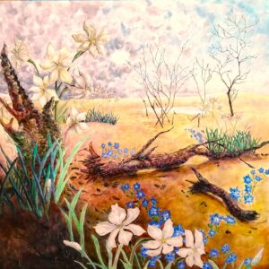 油絵 のおすすめ作品・人気作家 白 花 キキョウ ナルシス 倒木 土 火 紫 草 野焼き 雲 火後 インテリア絵画 アート