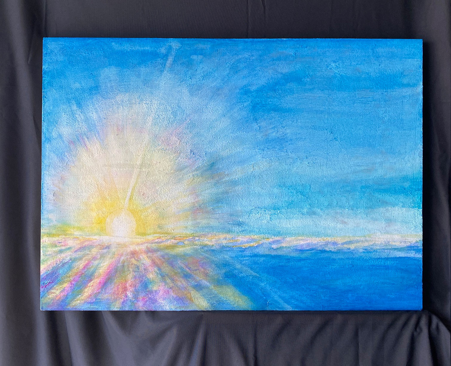 水彩画 のおすすめ作品・人気作家 光 水彩画 イエロー青空 カラフル ブルー 太陽 朝日 空 虹 風景 虹色の朝日 インテリア絵画 アート