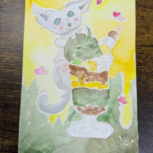 イラスト のおすすめ作品・人気作家 イラスト 水彩画 猫 アナログイラスト 手描きイラスト 透明水彩 抹茶パフェとミルク インテリア絵画 アート