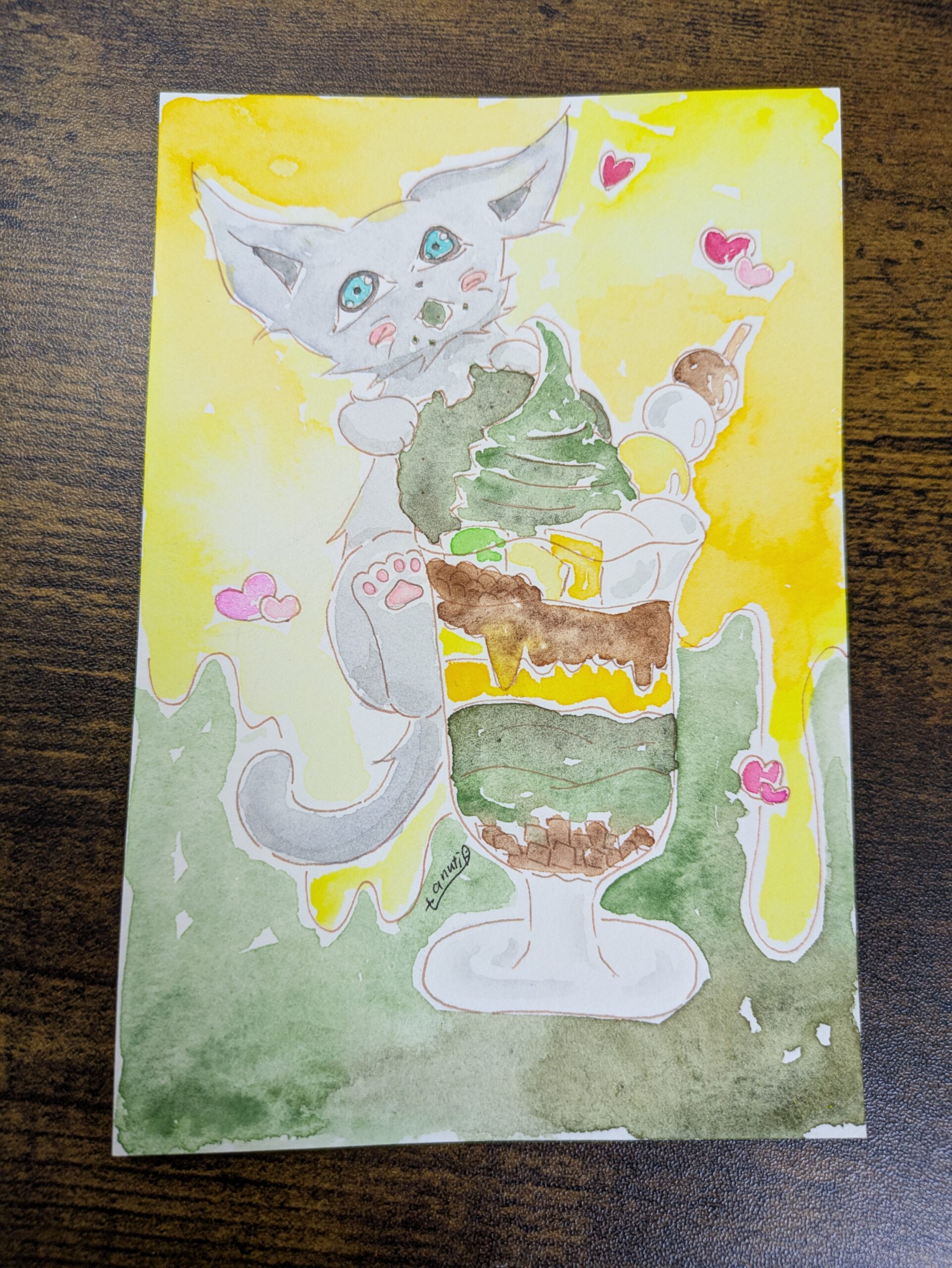 イラスト のおすすめ作品・人気作家 イラスト 水彩画 猫 アナログイラスト 手描きイラスト 透明水彩 抹茶パフェとミルク インテリア絵画 アート