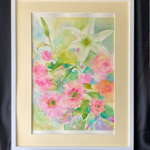 水彩画 のおすすめ作品・人気作家 ピンク 水彩画 緑 花 カラフル グリーン ユリ カラフルフラワー　花きらめく インテリア絵画 アート