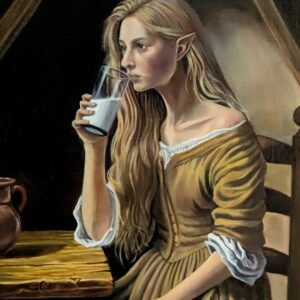 油絵 のおすすめ作品・人気作家 油絵 art elf fantasy oilpainting エルフ 女 絵画 肖像 静寂の宿籠～ミルクを飲むエルフ～ インテリア絵画 アート