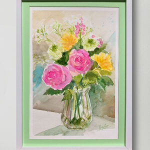 水彩画 のおすすめ作品・人気作家 ピンク 水彩画 花 黄色 カラフル バラ 穏やかな午後の花 インテリア絵画 アート