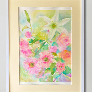 水彩画 のおすすめ作品・人気作家 ピンク 水彩画 緑 花 カラフル グリーン ユリ カラフルフラワー　花きらめく インテリア絵画 アート