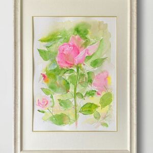 水彩画 のおすすめ作品・人気作家 ピンク 水彩画 花 グリーン バラ ピンクのバラ　凛として インテリア絵画 アート