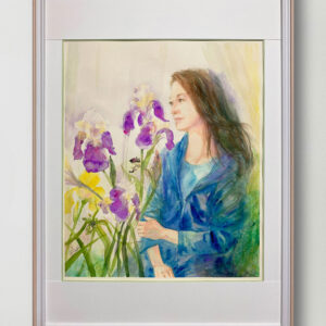 水彩画 のおすすめ作品・人気作家 女性 水彩画 緑 花 黄色 アイリス イエロー カラフル グリーン パープル ブルー 人物画 菖蒲 藤色 青 ジャーマンアイリスと女性 インテリア絵画 アート