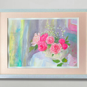 水彩画 のおすすめ作品・人気作家 ピンク 水彩画 花 バラ 白い花瓶のバラ インテリア絵画 アート