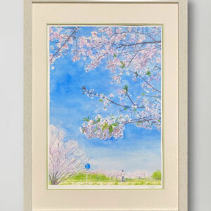 水彩画 のおすすめ作品・人気作家 ピンク 水彩画 ブルー 春 桜 風景 風景画 花さんぽ　桜咲く道 インテリア絵画 アート
