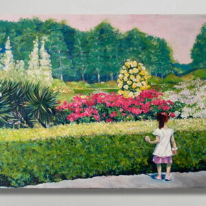 油絵 のおすすめ作品・人気作家 ピンク 子供 油絵 花 イエロー カラフル グリーン バラ 公園 風景 バラと少女　新宿御苑 インテリア絵画 アート