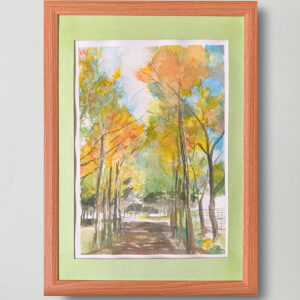 水彩画 のおすすめ作品・人気作家 水彩画 黄色 イエロー 公園 紅葉 風景 風景画 初秋の空 インテリア絵画 アート