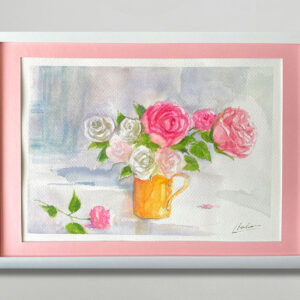 水彩画 のおすすめ作品・人気作家 ピンク 水彩画 花 バラ 黄色いカップのバラ インテリア絵画 アート