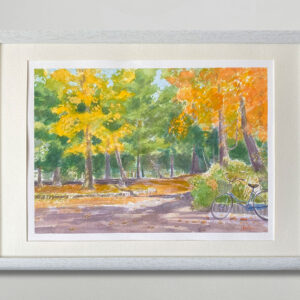 水彩画 のおすすめ作品・人気作家 水彩画 黄色 イエロー 公園 紅葉 自転車 風景 風景画 自転車で寄り道 紅葉 インテリア絵画 アート