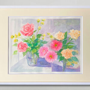 水彩画 のおすすめ作品・人気作家 ピンク 水彩画 花 黄色 イエロー カラフル バラ ブーケ 朝 窓辺 花瓶 花咲く朝 インテリア絵画 アート