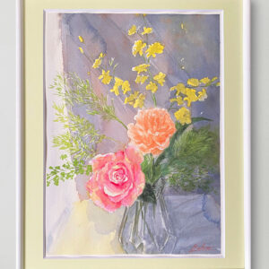 水彩画 のおすすめ作品・人気作家 ピンク 水彩画 花 オレンジ カラフル バラ 窓辺 花瓶 10月のバラの花 インテリア絵画 アート