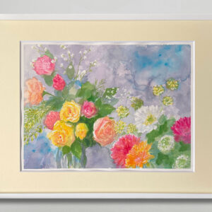 水彩画 のおすすめ作品・人気作家 ピンク 水彩画 花 黄色 イエロー カラフル バラ ブーケ 窓辺 花瓶 光のブーケ　花ひらく インテリア絵画 アート