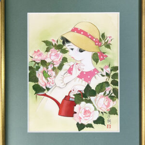 絵画 のおすすめ作品・人気作家 絹本 日本画 昭和レトロ バラ アマガエル レトロ少女画 / バラの寝床 インテリア絵画 アート