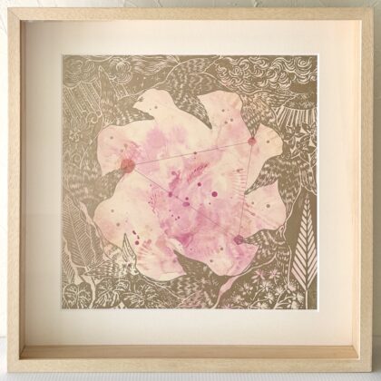 版画 のおすすめ作品・人気作家 木版画鳥の絵ピンクゴールド癒しの絵ヒーリングアート 春の銀河　#2 インテリア絵画 アート