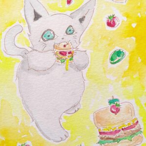 イラスト のおすすめ作品・人気作家 イラスト 水彩画 猫 アナログイラスト 手描きイラスト 透明水彩 ミルクとサンドイッチ インテリア絵画 アート