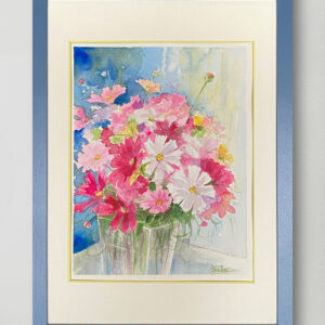 水彩画 のおすすめ作品・人気作家 ピンク 水彩画 白 緑 花 グリーン コスモス ブルー ホワイト 桃色 青 コスモスのうたげ インテリア絵画 アート