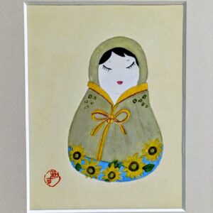 日本画 のおすすめ作品・人気作家 アートのある暮らし mineral だるま グリーン黄 パワーストーン 日本画 縁起物 誕生石 鉱物 エピドートで描いた花だるま インテリア絵画 アート
