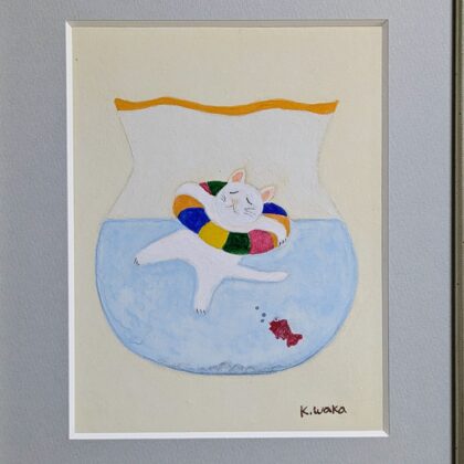 日本画 のおすすめ作品・人気作家 アートのある暮らし 猫 白 minera パワーストーン 日本画 金魚鉢 鉱物 青 プライベートプール インテリア絵画 アート