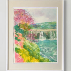 水彩画 のおすすめ作品・人気作家 ピンク 水彩画 緑 黄色 イエロー カラフル グリーン 山 川 水 滝 紅葉 風景 七色のハーモニー　原尻の滝の紅葉 インテリア絵画 アート