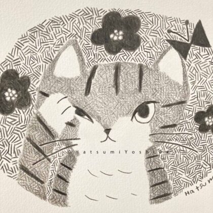 イラスト のおすすめ作品・人気作家 イラスト モノクロ 動物 猫 ねこ モノトーン 線画 目を掻く猫 インテリア絵画 アート