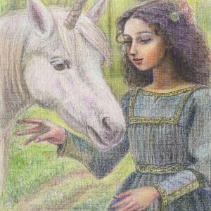 版画 のおすすめ作品・人気作家 自然 グリーン ファンタジー ユニコーン 女の子 少女 美少女 談笑~ユニコーンが出会った女の子~ インテリア絵画 アート
