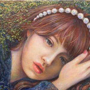 絵画 のおすすめ作品・人気作家 自然 グリーン パール 女の子 少女 真珠 美人画 美少女 Pearlのカチューシャ インテリア絵画 アート