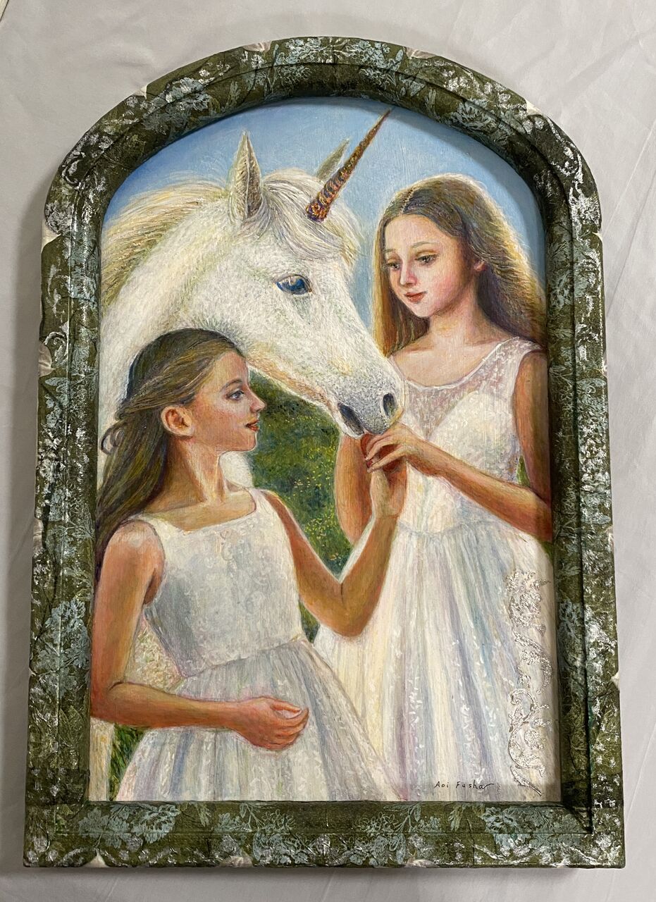絵画 のおすすめ作品・人気作家 女性 ノスタルジック 人物画 女の子，ユニコーン，ファンタジー 憩い～ユニコーンが出会った女の子～ インテリア絵画 アート