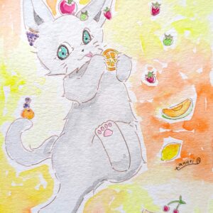 イラスト のおすすめ作品・人気作家 イラスト 水彩画 猫 アナログイラスト 手描きイラスト 透明水彩 フルーツたくさんミルク インテリア絵画 アート