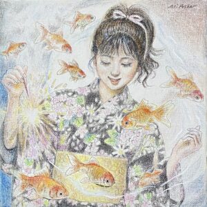 絵画 のおすすめ作品・人気作家 女性 金魚 和装 夏 夏祭り 女の子，浴衣，和風 日本 着物 花火 遊 インテリア絵画 アート
