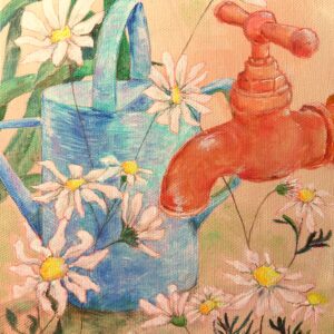 油絵 のおすすめ作品・人気作家 白 緑 花 黄色 カモミール ジョウロ ハーブ 茶色 蛇口 錆 青 カモミール インテリア絵画 アート