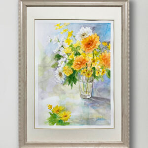 水彩画 のおすすめ作品・人気作家 水彩画 白 緑 花 黄色 イエロー オレンジ カラフル グリーン フラワー ホワイト 花ひらく窓辺 インテリア絵画 アート
